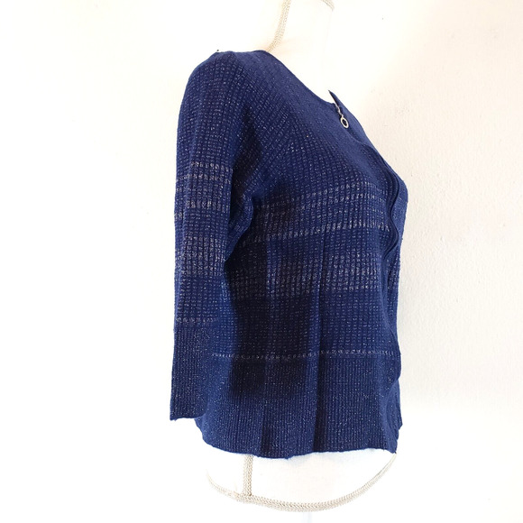 ALEX MARIE Knit SIZE XL Zip Front Blue Metallic 3/4 Sleeve Cardigan Sweater - Picture 3 of 11